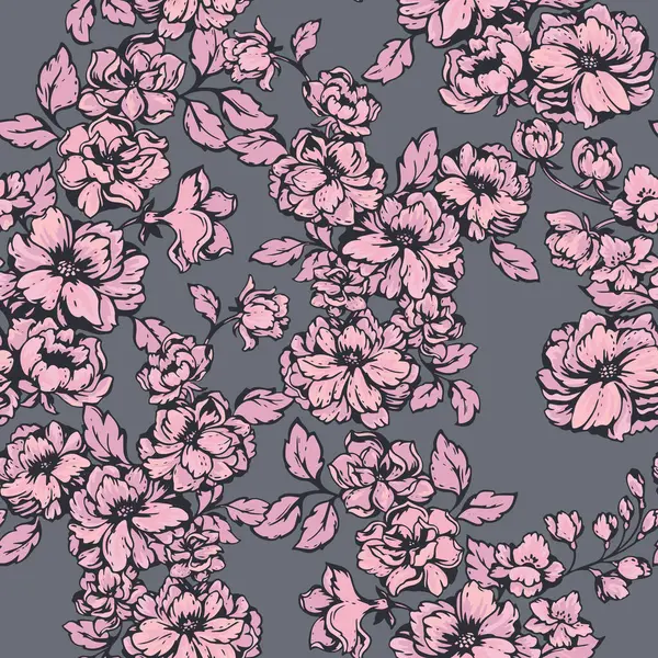 Gri bir arka planda, kusursuz, zarif bir çayır deseni. Sanatsal soyut çiçek baskısı. Vektör çizimi. Yaratıcı stilize edilmiş yabani çiçekler patentli. Kumaş ve moda için tasarım