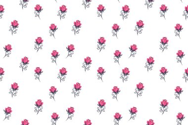 Soyut sevimli gül desenli kusursuz küçük çiçek deseni. Vektör eliyle çizilmiş pembe çiçek desenli bir resim. Kapak, kumaş, yüzey tasarımları, çocuk tekstili için minimalist süslemeler,