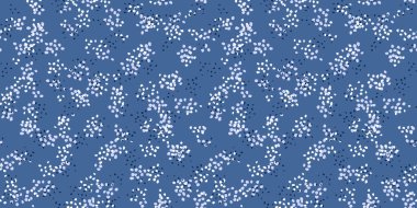 Seamless spotted pattern on blue background. Vector hand drawn sketch. Plain ornament with abstract shape random dots, spots, drops snowflakes clipart