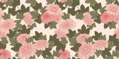 Çiçeksiz çiçek deseni. Şekil verilmiş şakayıklar, yıldız çiçekleri, kasımpatılar. Sanatsal soyut çiçekler ve tekrarlanan yeşil yapraklar. Vektör çizilmiş botanik illüstrasyon. Doğa süsü.