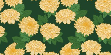 Çiçeksiz çiçek deseni. Sanatsal soyut sarı çiçekler ve yeşil arka planda tekrarlanan izler. Botanik vektör çizimi. Şekil verilmiş şakayıklar, yıldız çiçekleri, kasımpatılar..