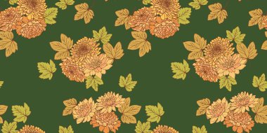 Seamless abstract artistic flowers pattern on green background. Vector drawn illustration fall florals. Stylized bouquet dahlia peonies chrysanthemum printing. Nature ornament for designs, fabric clipart