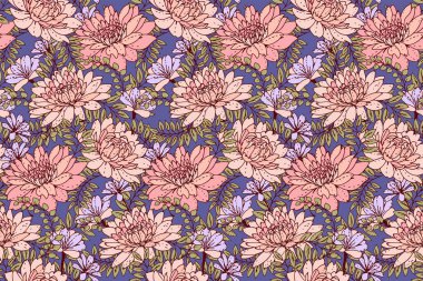 Kusursuz çiçek deseni. Otlar, yapraklar ve çayır bitkileriyle bezenmiş. Yaz ya da ilkbahar kır çiçekleri baskısı. Vektör çizimi. Tasarım, kumaş ve tekstil için doğa süsü.