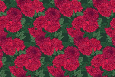 Dikensiz çiçek desenleri. Çiçek açan kırmızı çiçekler ve yeşil yapraklı arka plan izleri. Vektör çizimi. Tasarım, kumaş ve tekstil için doğa süsü.