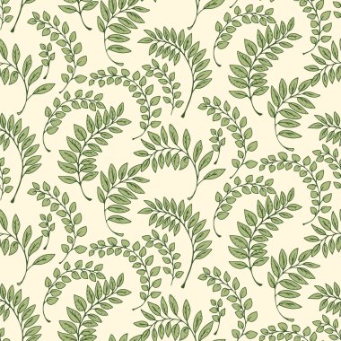 Elegant seamless pattern with green leaf motifs on a light background. Delicate botanical design with fine details in neutral tones, perfect for textiles, packaging, interior design, and stationery. clipart