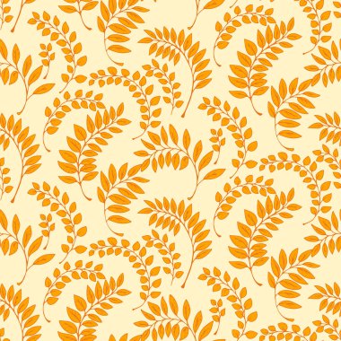 Açık arkaplanda turuncu yapraklar bulunan kusursuz botanik desen. Sıcak tonlarda zarif yaprak tasarımı, tekstil, ambalaj, ev dekorasyonu ve kırtasiye projeleri için ideal