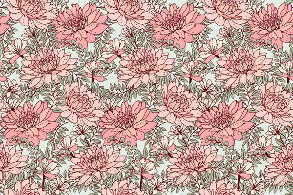Kusursuz çiçek deseni. Bitkiler, yapraklar ve çayır bitkileriyle bezenmiş doğa süsü. Yaz ya da ilkbahar kır çiçekleri baskısı. Tasarımlar, kumaş ve tekstil için vektör çizimi