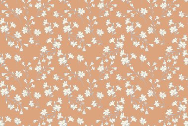 Soyut sanatsal dalları olan bej renkli pastel desenli, küçük çiçekli, küçük tomurcuklu, küçük yapraklı. Yumuşak sonbahar çiçekleri arka plandadır. Vektör el çizimi. Tasarımlar için basit bir süs