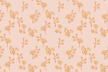 Küçük çiçekli basit sarı desenli yaz tatili. Küçük, dikişsiz çiçekli soyut sanatsal dallar. Vektör el çizimi. Tasarım, moda, yüzey tasarımı, kumaş için minimalist süs