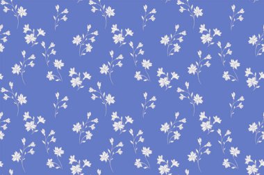 Küçük çiçek saplı mavi minimalist desen. Küçük, dikişsiz çiçekli soyut sanatsal dallar. Vektör el çizimi. Tasarım, moda, yüzey tasarımı, kumaş için basit doğa süsü