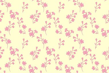 Renkli yaz şablonu. Küçük çiçeklerin sapı sarı arka planda. Küçük, dikişsiz çiçekli soyut sanatsal pembe dallar. Vektör el çizimi. Tasarım için basit doğa süsü