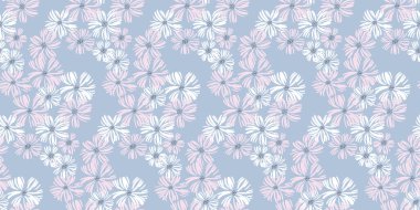 El yapımı papatyalar içeren kusursuz çiçek desenleri. Pastel mavi arka planda çiçekler. Düz stil botanik izi. Kadınsı, hassas, romantik tasarımlar için doğa süsleri.