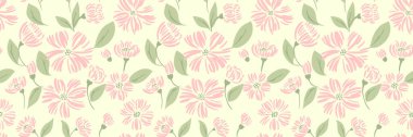 Kusursuz çiçek desenleri, açık krem arka planda yaprakları olan el yapımı pembe çiçekler. Tekstil, duvar kâğıtları ve bahar esinlenilmiş estetik ambalaj için düz baskı tasarımı