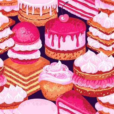 Katmanlı kek, kek ve kremalı hamur işleri gibi çeşitli bozulmuş tatlılar içeren renksiz desenler. Fırın markası, kumaş tasarımları veya ambalaj için tasarım