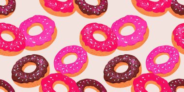 Renkli çörekler içeren kusursuz desenler çikolata, pembe ve beyaz kremalı, üzerine malzemeler serpiştirilmiş. Fırın temalı projeler, ambalaj veya tekstil tasarımları için mükemmel tasarım