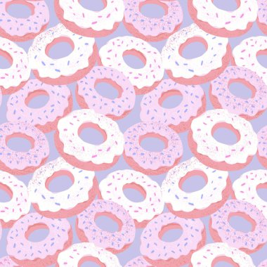 Yumuşak mavi arka planda pastel çörekler serpiştirilmiş kusursuz desen. Fırın ambalajı, kafe dekorasyonu, yemek temalı tasarımlar, ambalaj kağıdı ve dijital projeler için mükemmel tekrarlanan baskı.