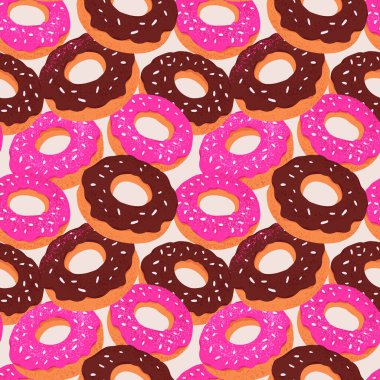 Pembe ve çikolata jöleli renkli donutlar serpiştirilmiş kusursuz desenler. Fırın ambalajı, kafe dekorasyonu, yemek temalı tasarımlar, ambalaj kağıdı için mükemmel tekrarlanmış baskı,