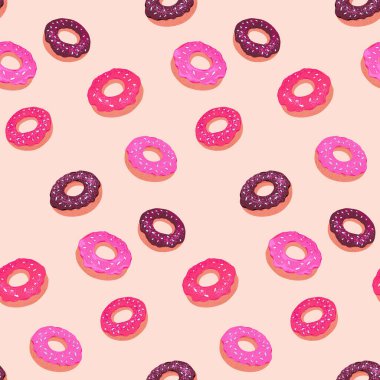 Eğlenceli ve şakacı, pürüzsüz desenli, açık arkaplanda pembe ve çikolata kaplı donutlar. Kumaş, kırtasiye, ambalaj kağıdı ve yiyecekle ilgili tasarımlar için yazdır