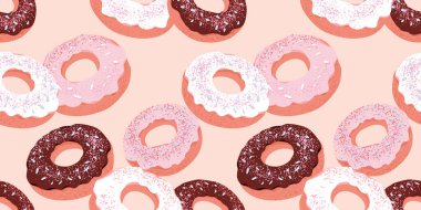 Çikolata, pembe ve beyaz kremalı donutların pastel şeftali arkaplanına serpildiği kusursuz bir desen. Fırın temalı projeler ya da tekstil tasarımları için mükemmel tasarım.