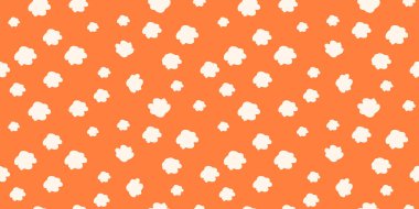 Parlak turuncu arka plana dağılmış bulut şekilli, oynak, pürüzsüz bir desen. Çocuk tasarımları, kalın duvar kağıtları, kırtasiye malzemeleri ve neşeli yaratıcı projeler için sade minimalist baskı.