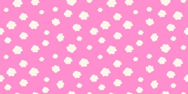 Beyaz bulut şekilli, parlak pembe arka plana saçılmış, oynak, pürüzsüz bir desen. Çocuk tasarımları, kalın duvar kağıtları, kırtasiye malzemeleri ve neşeli yaratıcı projeler için sade minimalist baskı.