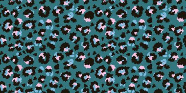 Kalın leopar desenli siyah, pembe ve mavi lekeli, deniz mavisi desenli. Moda, tekstil, duvar kağıtları ve grafik tasarım projeleri için mükemmel..