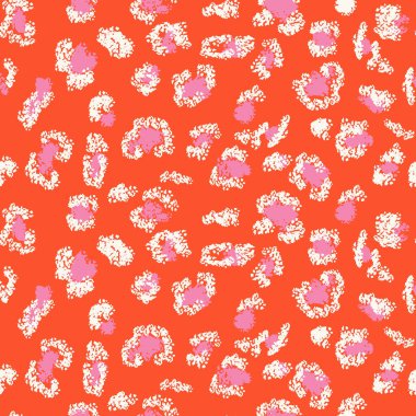 Canlı turuncu arka planda, leopar desenli pembe renkler. Moda, ev dekorasyonu ya da yaratıcı projeler için vektör tasarımları. Klasik bir hayvan izinde cesur, renkli bir kıvrım.