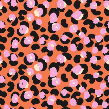 Stylish leopard inspired seamless pattern with bold black spots, pink organic shapes on a orange background. Abstract stylized print for fashion design, modern decor, and artistic branding projects. clipart