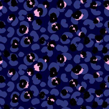 Canlı stil leoparı, koyu mavi benekli, donanma arka planında organik şekilli kusursuz desenlere ilham verdi. Moda tasarımı için soyut yaratıcı baskı, modern dekor, sanatsal markalaşma projeleri.