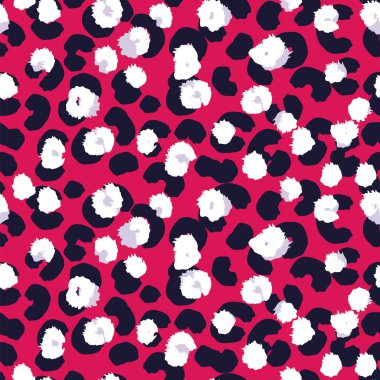 Canlı leopar, koyu siyah noktalı, kırmızı arka planda beyaz organik şekilli kusursuz desenlere ilham verdi. Moda tasarımı, modern dekor ve sanatsal markalaşma projeleri için soyut biçimlendirilmiş baskı.