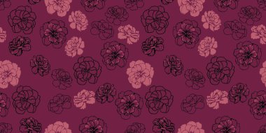 Soyut sanatsal şekilleri, düğün çiçekleri, burgundy arka planında çiçekleri olan koyu ve pürüzsüz bir desen. Yaratıcı stilize edilmiş çiçek deseni. Vektör el çizildi. Tasarımlar için moda doğa süsü