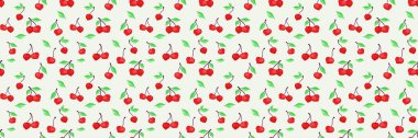 Soyut sanatsal desenli, küçük yapraklı, minik kirazlı yaz deseni. Yaratıcı kırmızı böğürtlen, meyve, yeşil yaprak, arka planda pürüzsüz iz. Vektör el çizimi. Tasarım süsü