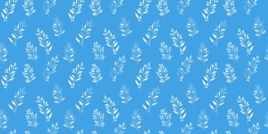 Mavi düz desenli soyut küçük dallar, küçük çiçek tomurcukları. Damlaları, noktaları, lekeleri olan yaratıcı küçük çiçek sapları. Vektör el çizimi. Tekstil ve kumaş için minimalist süs