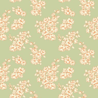 Soyut çiçek desenli yaz desenleri. Şekillendirilmiş çiçek desenli çiçek desenleri nane yeşili pastel arkaplanda. Vektör el çizimi. Kumaş tasarımları için doğa süsü