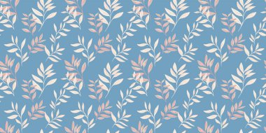 Soyut sanatsal dallar mavi arka planda kusursuz desenler bırakır. Stilize edilmiş yaprak sapları. Vektör çizimi. Tekstil, kumaş ve duvar kağıtları için doğa süsü.