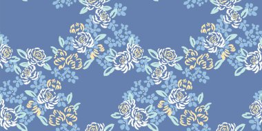 Soyut, sanatsal şekiller gül çiçekleri mavi bir arka planda kusursuz bir desen içinde birbirine dolanmış. Çiçek desenli. Vektör el çizimi. Doğa süsü.