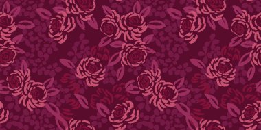 Soyut, sanatsal şekilleri, gül çiçekleri, yaprakları ve tomurcukları olan kusursuz desenler. Vektör el çizimi. Burgonya çiçekli fırça süsü