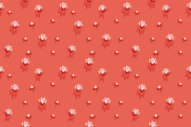 Kusursuz bir çiçek deseni, soyut küçük bir gül, turuncu bir arka planda tomurcuklar. Vektör el çizimi, dandik çiçek izi. Kumaş, yüzey tasarımları, çocuk tekstil ürünleri için minimalist süslemeler,