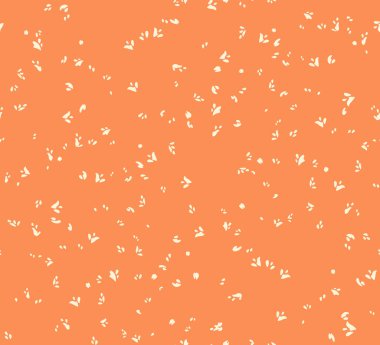 Seamless minimalist pattern with tiny white petal-like shapes, little, spots, small drops scattered across a warm orange background. Ornament for textile prints, packaging, wallpapers, stationery clipart