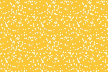 Küçük beyaz çiçek desenleri, küçük noktalar, sarı arkaplana saçılmış küçük damlalar. Baskı, tekstil, hediye paketi, duvar kâğıtları, kırtasiye için oyuncu, minimalist bir tasarım.