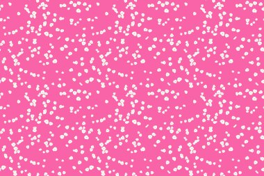 Küçük beyaz çiçek desenleri, küçük noktalar, pembe arkaplana saçılmış küçük damlalar. Baskı, tekstil, hediye paketi, duvar kâğıtları, kırtasiye için oyuncu, minimalist bir tasarım.