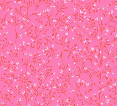 Hassas dalları ve parlak pembe arka planda küçük çiçekleri olan renksiz çiçek desenleri. Minik çiçekler süs izi bırakır. Kırtasiye, ambalaj, düğün tasarımları için ideal.