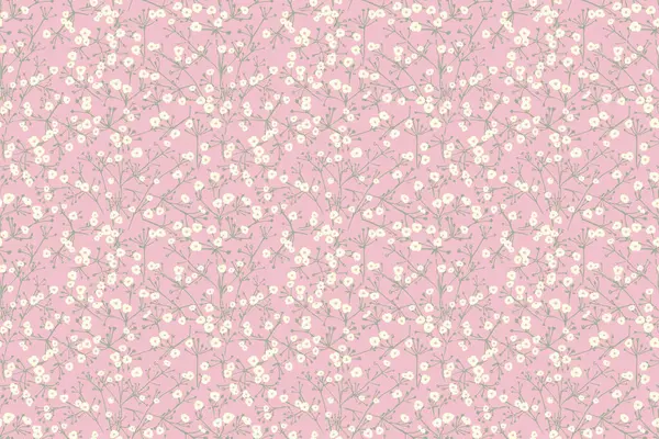 İnce, çiçekli küçük beyaz çiçekleri içeren kusursuz desenler, pastel pembe arka planda yer alır. İzler, kumaşlar, duvar kağıtları, hediye paketi, kırtasiye ve tasarımlar için süsleme.