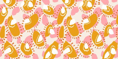 Eşsiz sarı soyut organik şekiller kusursuz desenler. Vektör el, pembe arka planda düzensiz dairesel şekil izi çizmiş. Çağdaş minimalist kolaj süsü.