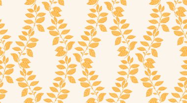 Açık bej arkaplanda kusursuz sarı yapraklar. Parlak ve ılık botanik tasarımı, tekstil, duvar kâğıtları, kırtasiye malzemeleri ve doğadan esinlenilmiş ev dekorasyonu için mükemmel..