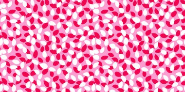 Kusursuz vektör deseni, soyut taç yaprağına benzeyen beyaz ve kırmızı şekilli, yumuşak pembe arka planda. Tekstil, duvar kağıtları ve markalaşma projeleri için minimalist, modern ve eğlenceli tasarım süsü..