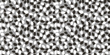 Gri arkaplanda beyaz ve siyah renkli soyut yaprak benzeri şekilleri olan kusursuz bir vektör deseni. Tekstil, duvar kağıtları ve markalaşma projeleri için minimalist, modern ve eğlenceli tasarım süsü..