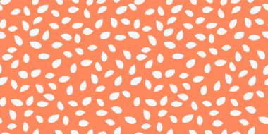 Yumuşak turuncu arkaplana saçılmış beyaz yapraklı kusursuz vektör deseni. Minimalist ve modern tasarım, tekstil, duvar kağıtları, kırtasiye malzemeleri, moda baskıları için sade süs baskısı