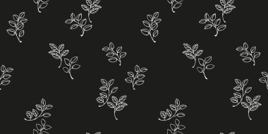 Siyah arka planda yaprakları olan minimalist beyaz çizgili kusursuz vektör deseni. Zarif tekstil, duvar kağıdı, ambalaj ve modern grafik tasarımları için basit doğa süslemesi