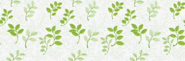 Kusursuz vektör deseni beyaz arka planda yeşil yapraklı hassas dallar gösteriyor. Kumaşlar, kırtasiye malzemeleri, ev dekorasyonu ve doğadan esinlenilmiş dijital tasarımlar için yazdırma süsü